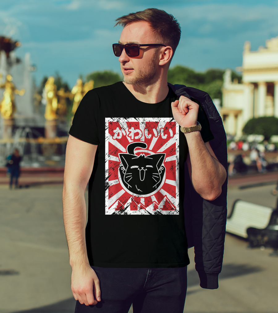 Kawaii Anime Cute Japanese Cat With Red Rising Sun Background T-Shirt