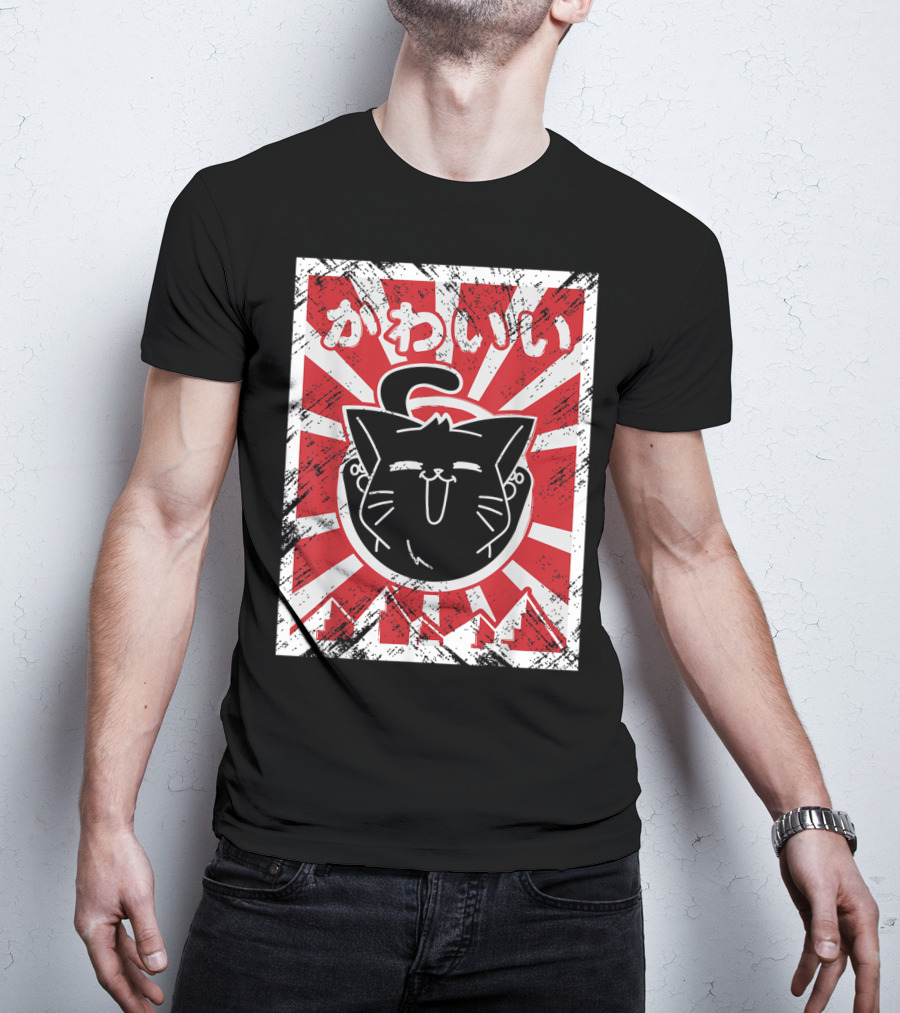 Kawaii Anime Cute Japanese Cat With Red Rising Sun Background T-Shirt