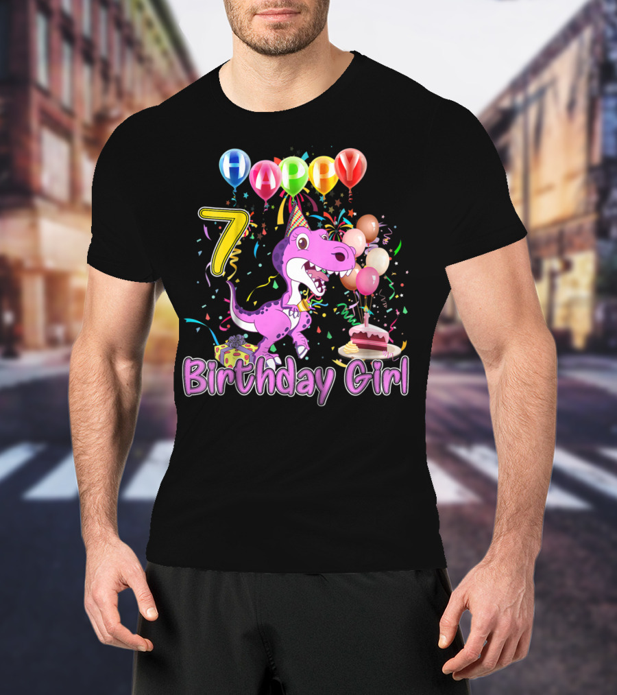 Happy 7 Birthday Girl Dinosaur Party Balloons Cake T-Shirt