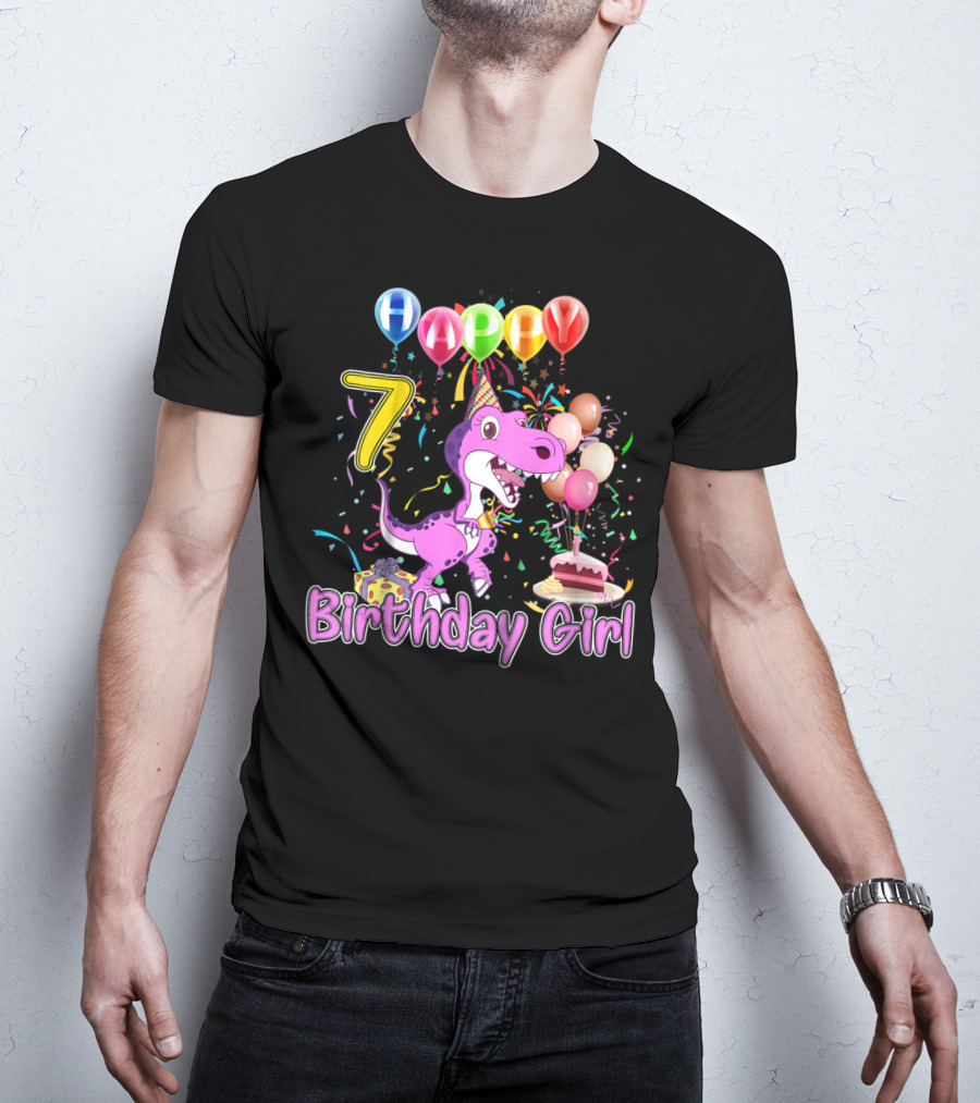 Happy 7 Birthday Girl Dinosaur Party Balloons Cake T-Shirt