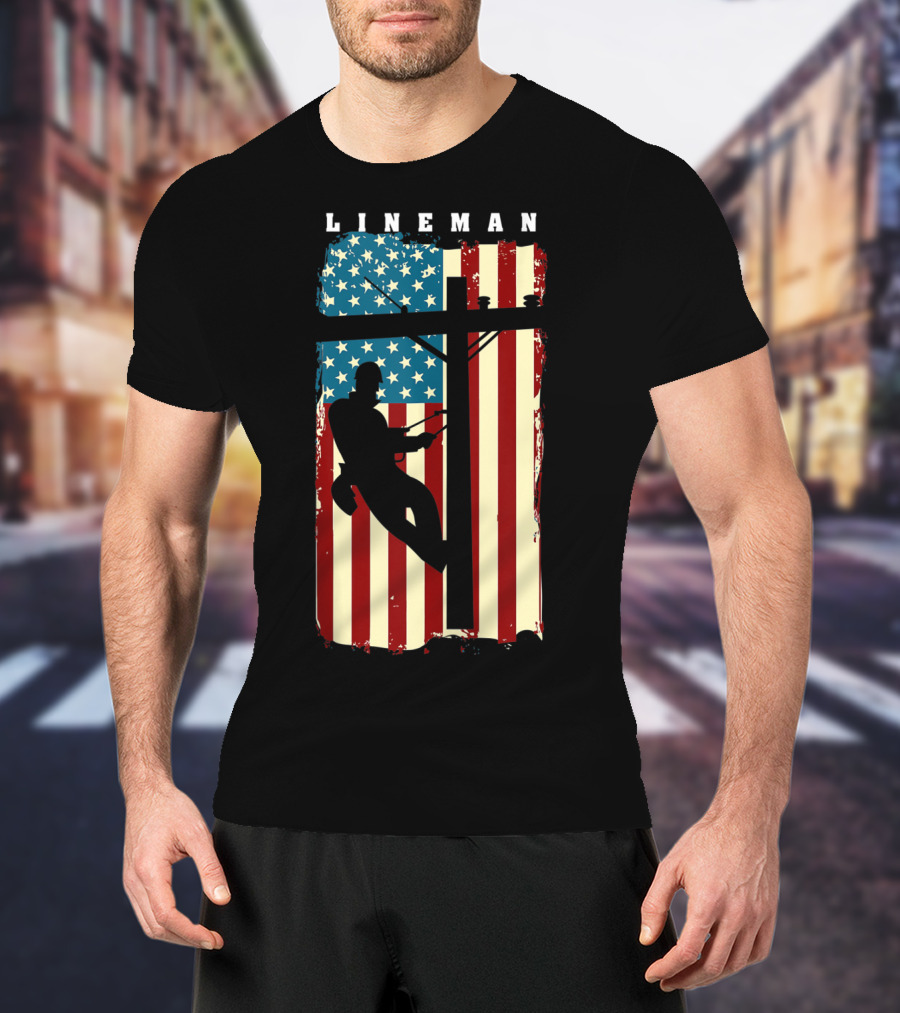 Lineman Silhouette Against American Flag Background With Electric Cable Pole T-Shirt