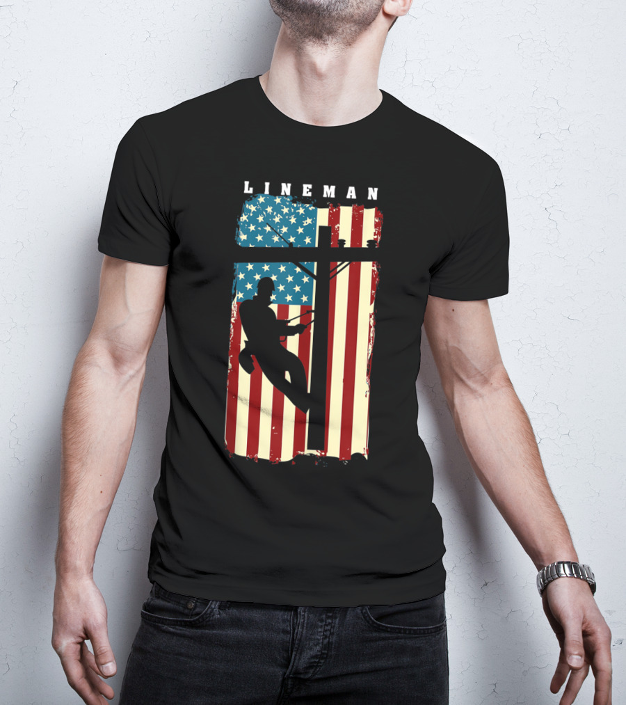Lineman Silhouette Against American Flag Background With Electric Cable Pole T-Shirt