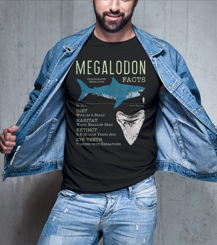 Megalodon Facts Funny Shark Lover Carcharocles Megalodon Diet Habitat Extinct 276 Teeth T-Shirt