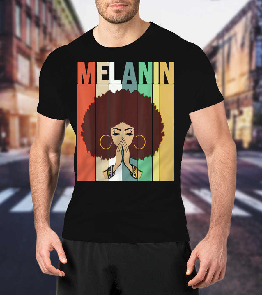 Melanin Vintage Black Afro Woman Prayer Hands Golden Hoop Earrings T-Shirt