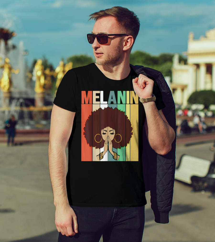 Melanin Vintage Black Afro Woman Prayer Hands Golden Hoop Earrings T-Shirt
