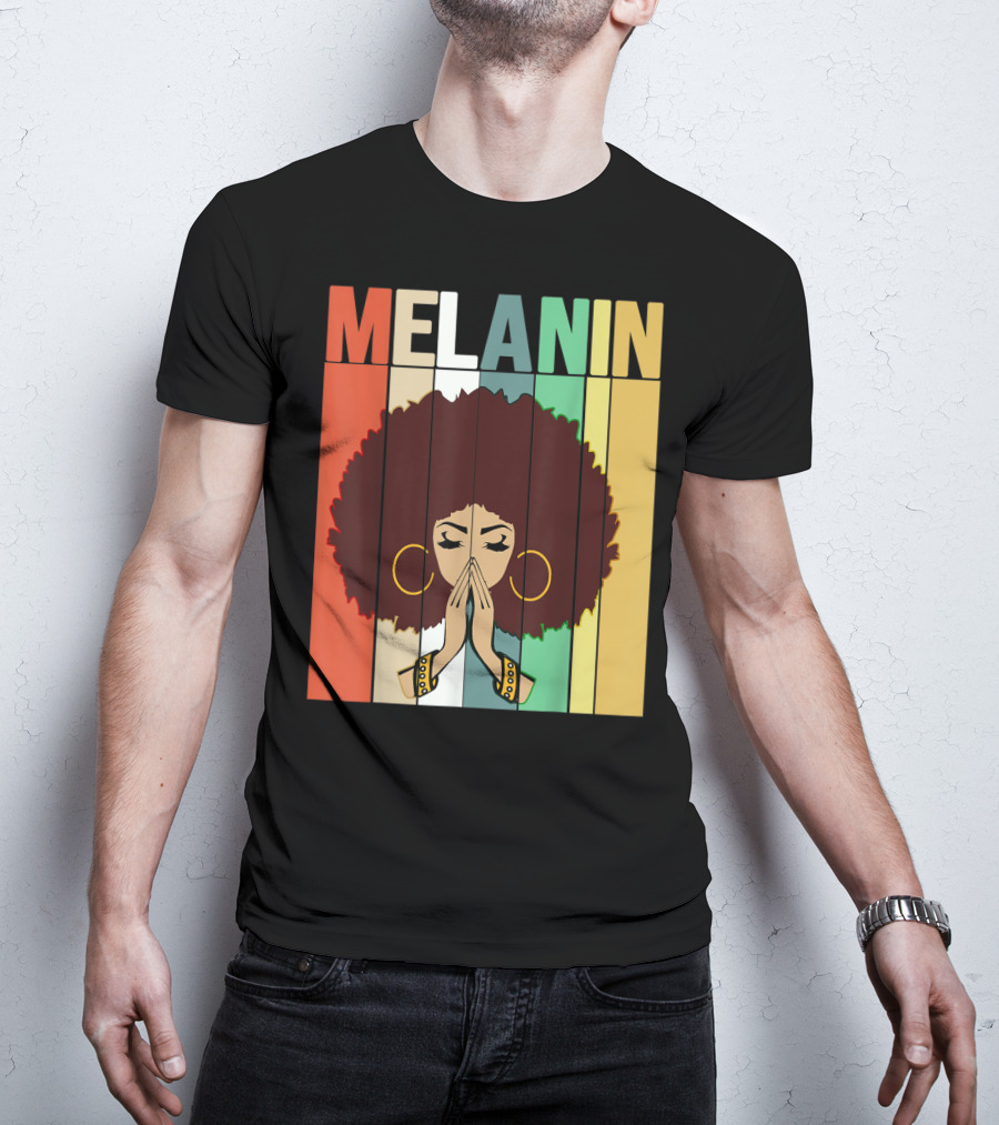 Melanin Vintage Black Afro Woman Prayer Hands Golden Hoop Earrings T-Shirt