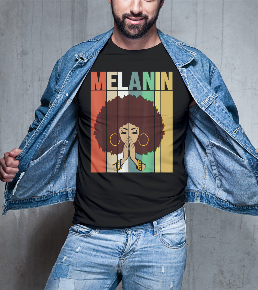 Melanin Vintage Black Afro Woman Prayer Hands Golden Hoop Earrings T-Shirt
