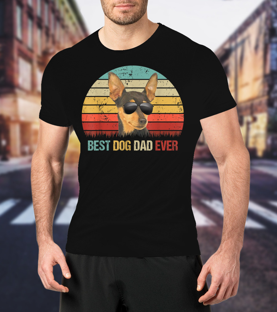 Best Dog Dad Ever Chihuahua Retro Style Sunglasses Vintage Stripes T-Shirt