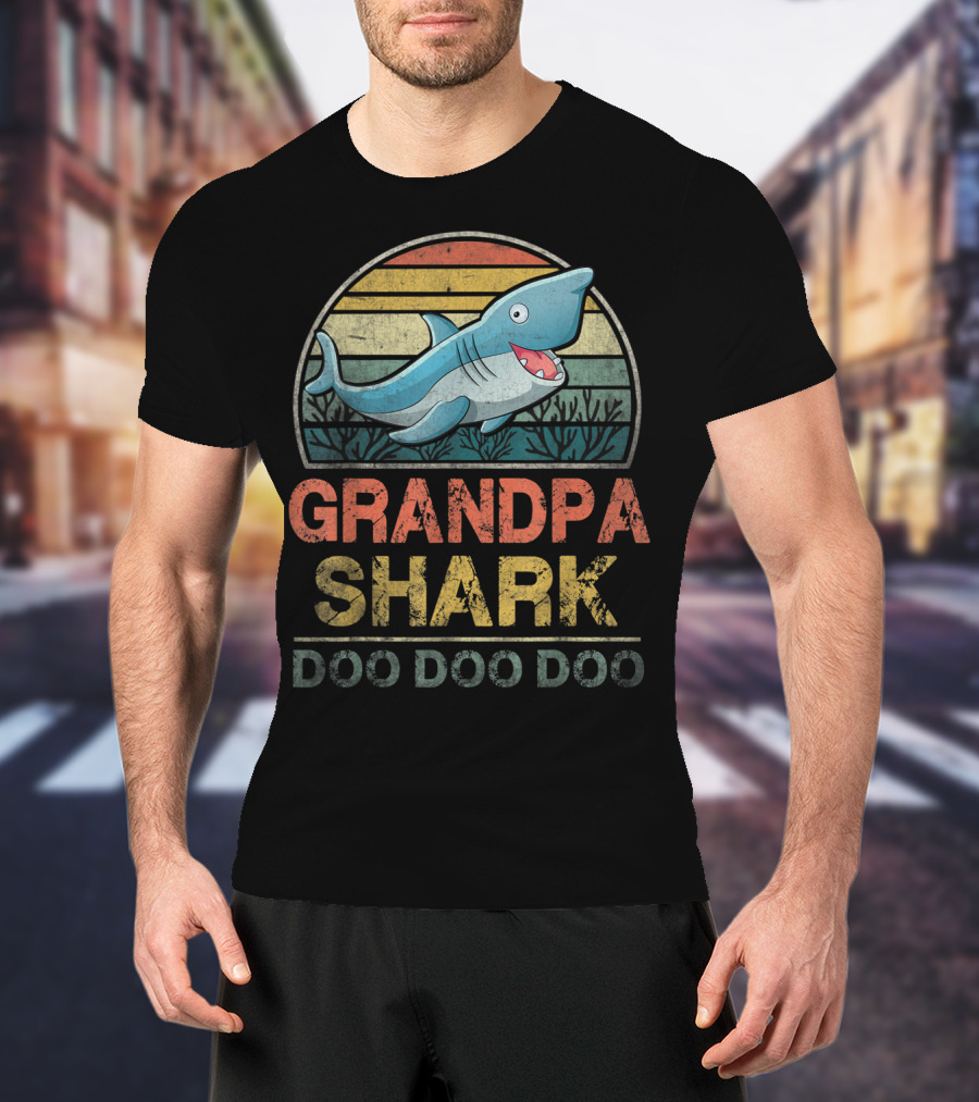 Grandpa Shark Doo Doo Doo Father's Day Retro Sunset Ocean T-Shirt