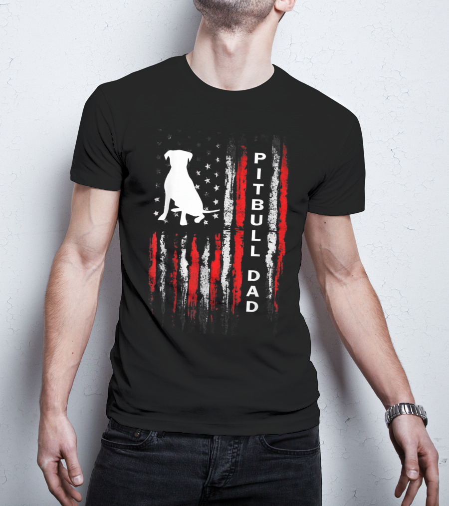 Mens Pitbull Dad American Flag Bully Dog T-Shirt