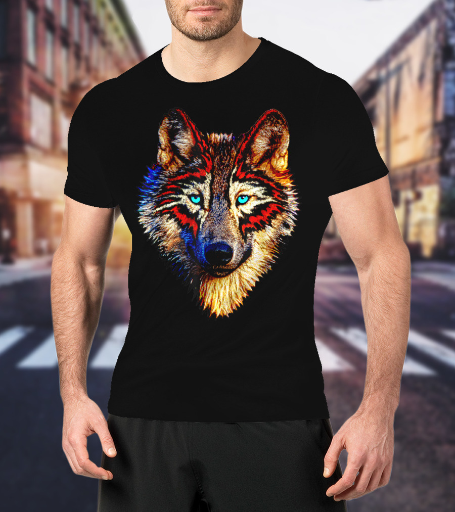 Mens Womens Kids Native American Timber Wolf Cool Bright Colorful Wolf Face T-Shirt