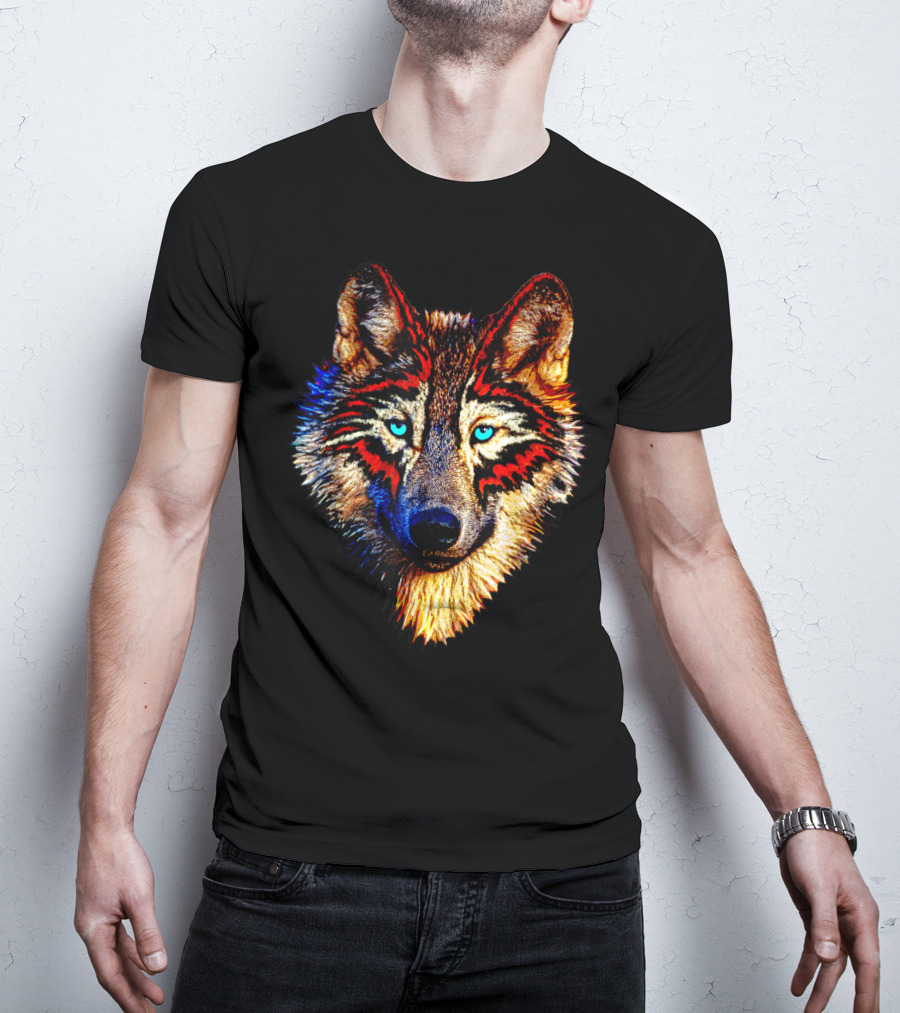 Mens Womens Kids Native American Timber Wolf Cool Bright Colorful Wolf Face T-Shirt