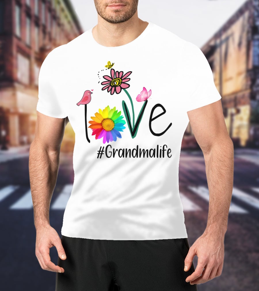 Love #Grandmalife Rainbow Heart Floral Bird Butterfly T-Shirt