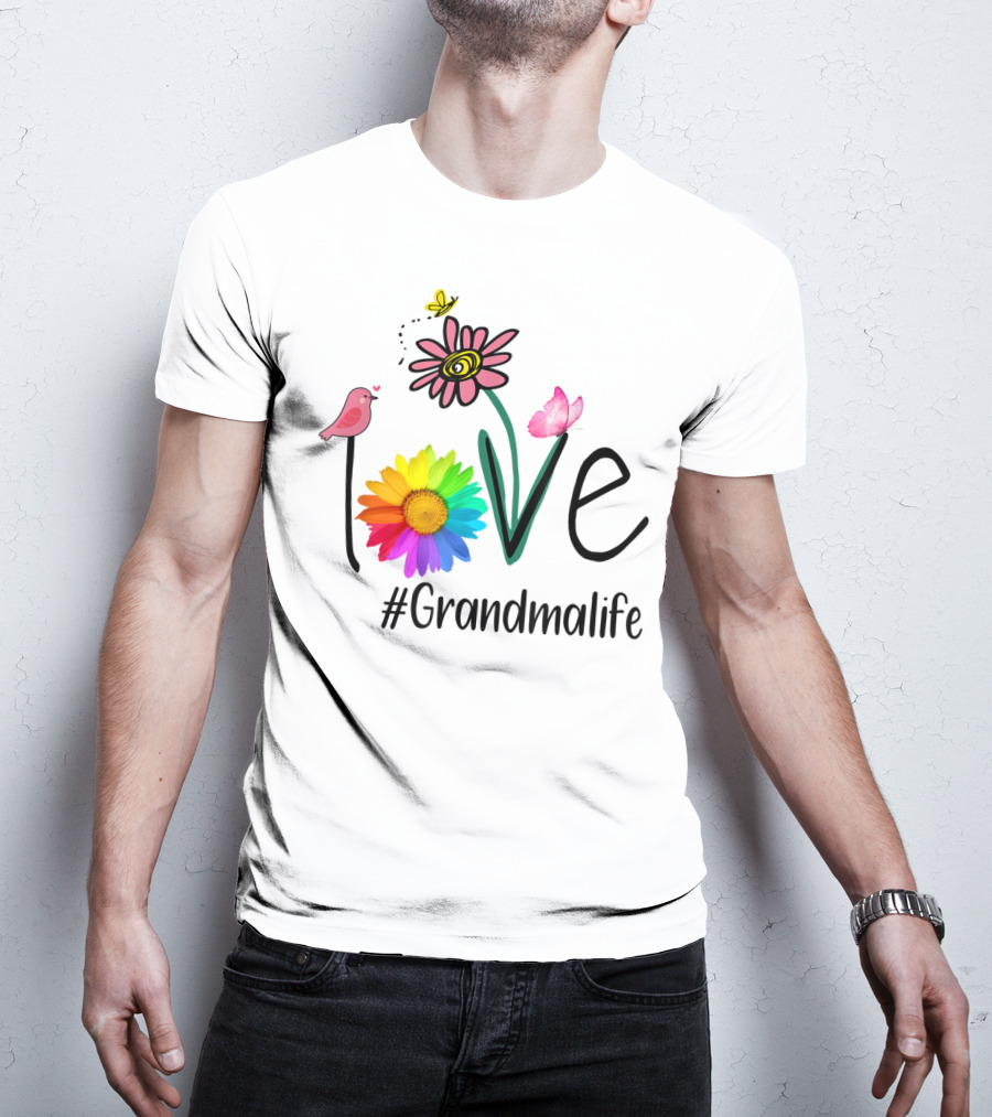 Love #Grandmalife Rainbow Heart Floral Bird Butterfly T-Shirt
