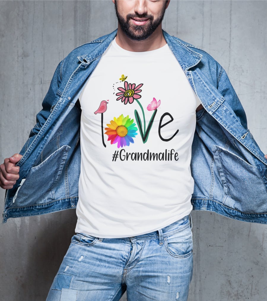 Love #Grandmalife Rainbow Heart Floral Bird Butterfly T-Shirt
