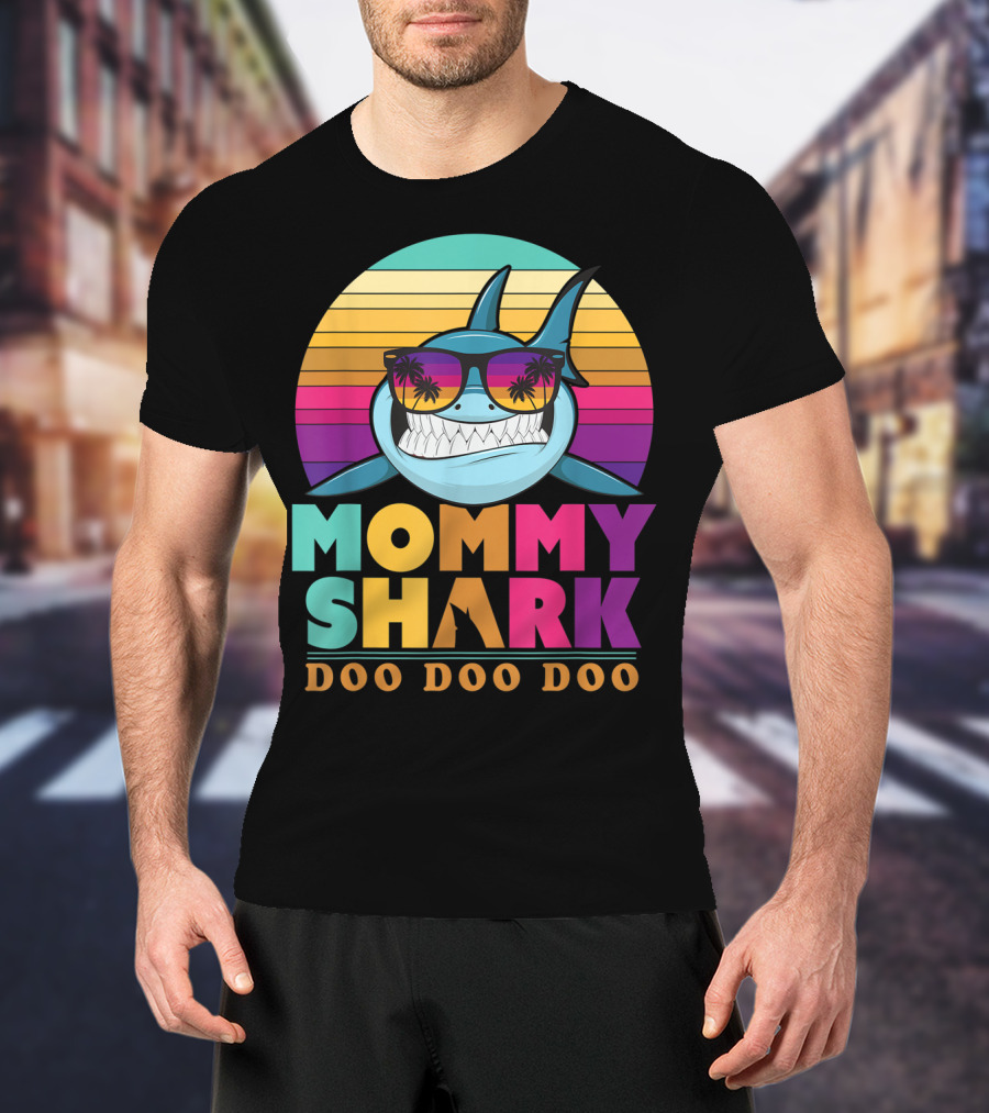 Mommy Shark Doo Doo Doo Retro Sunset With Sunglasses T-Shirt