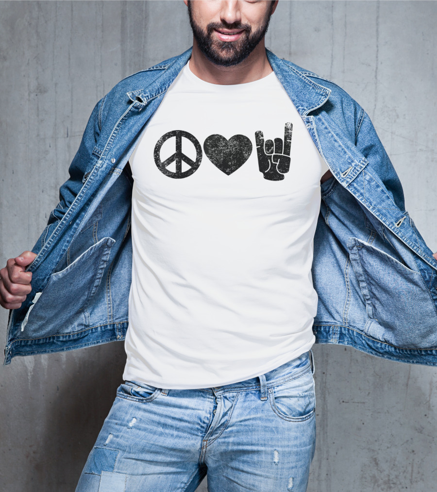 Peace Love Rock And Roll Icons Symbolizing Harmony Affection And Music Enthusiast Gesture T-Shirt