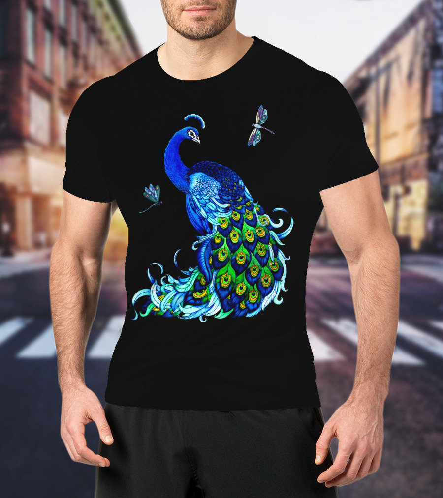 Peacock Elegance With Vibrant Dragonflies T-Shirt