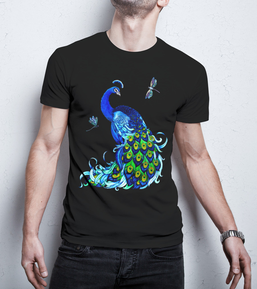 Peacock Elegance With Vibrant Dragonflies T-Shirt