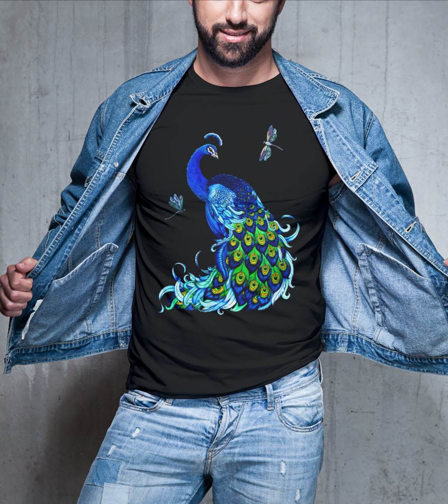 Peacock Elegance With Vibrant Dragonflies T-Shirt