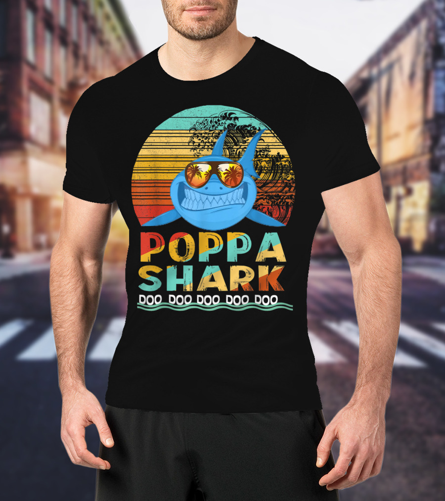 Poppa Shark Doo Doo Doo Doo Doo Retro Sunset Palm Trees Sunglasses T-Shirt