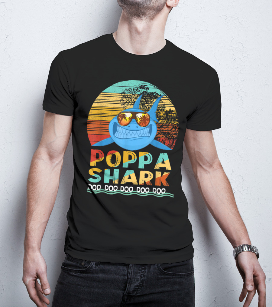 Poppa Shark Doo Doo Doo Doo Doo Retro Sunset Palm Trees Sunglasses T-Shirt