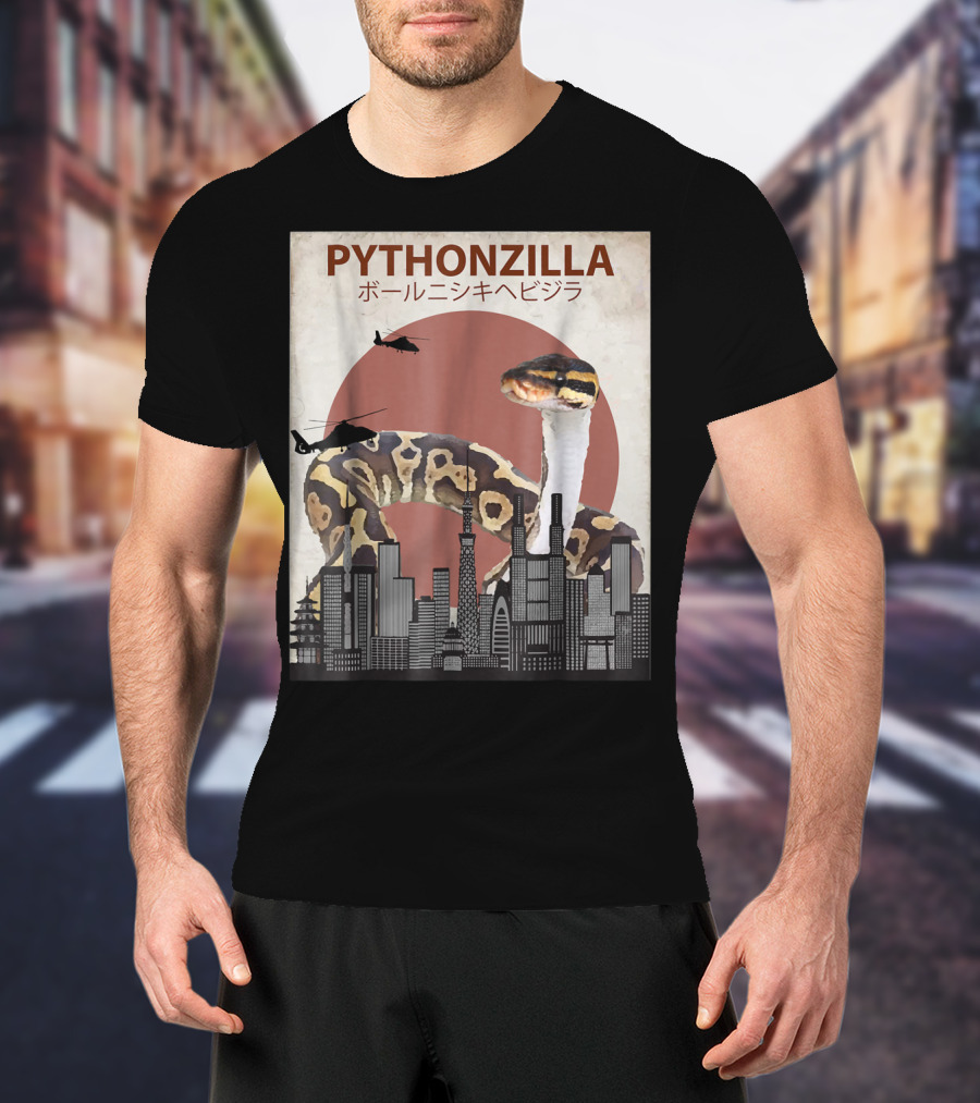 Pythonzilla Ball Python Funny Snake Skyline Helicopter Japanese Text T-Shirt