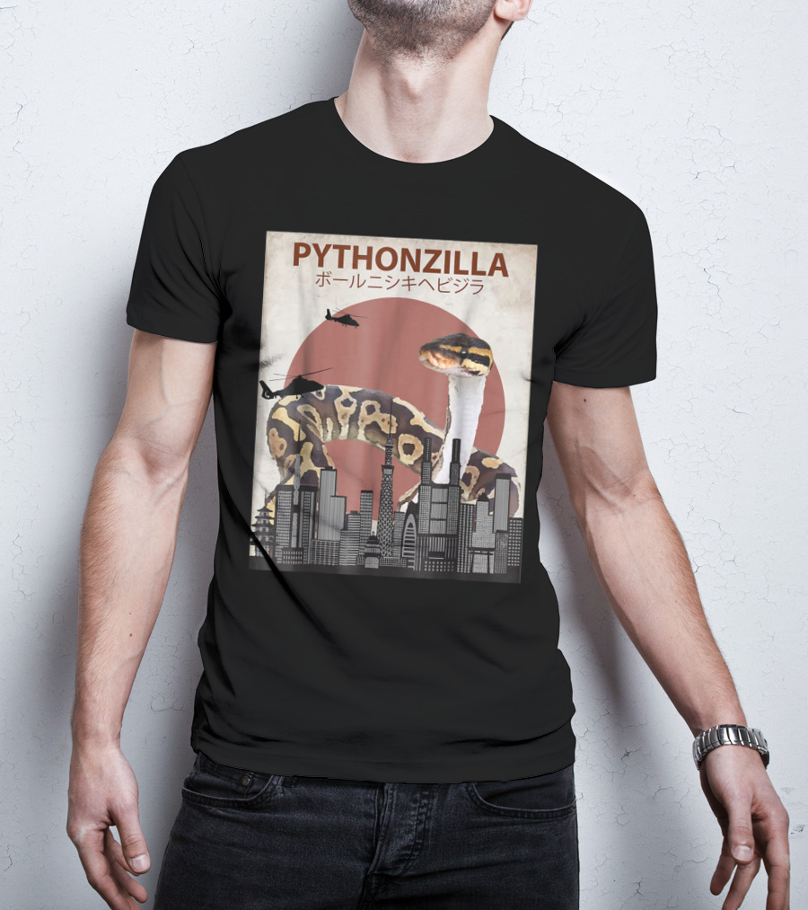 Pythonzilla Ball Python Funny Snake Skyline Helicopter Japanese Text T-Shirt