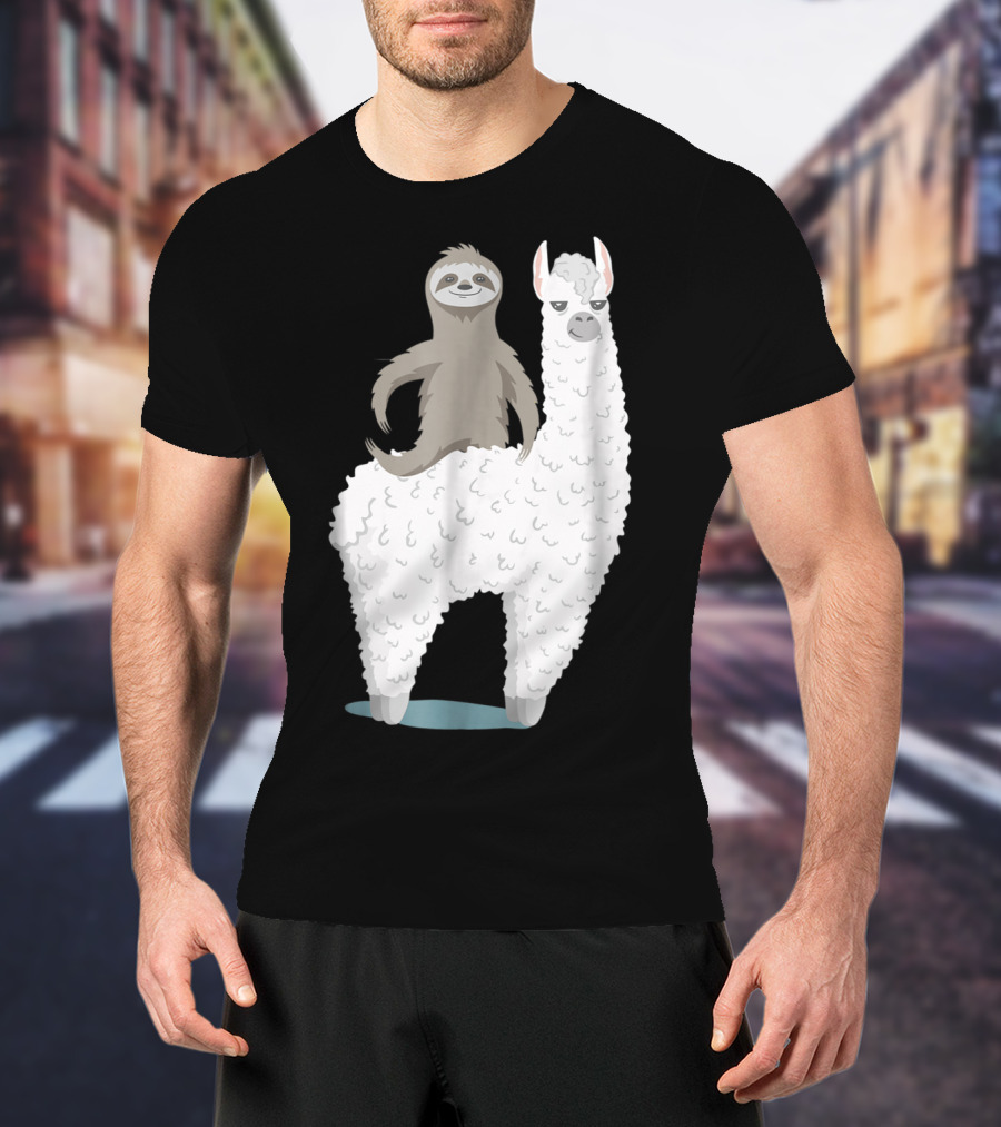Sloth Joyfully Riding A White Llama T-Shirt