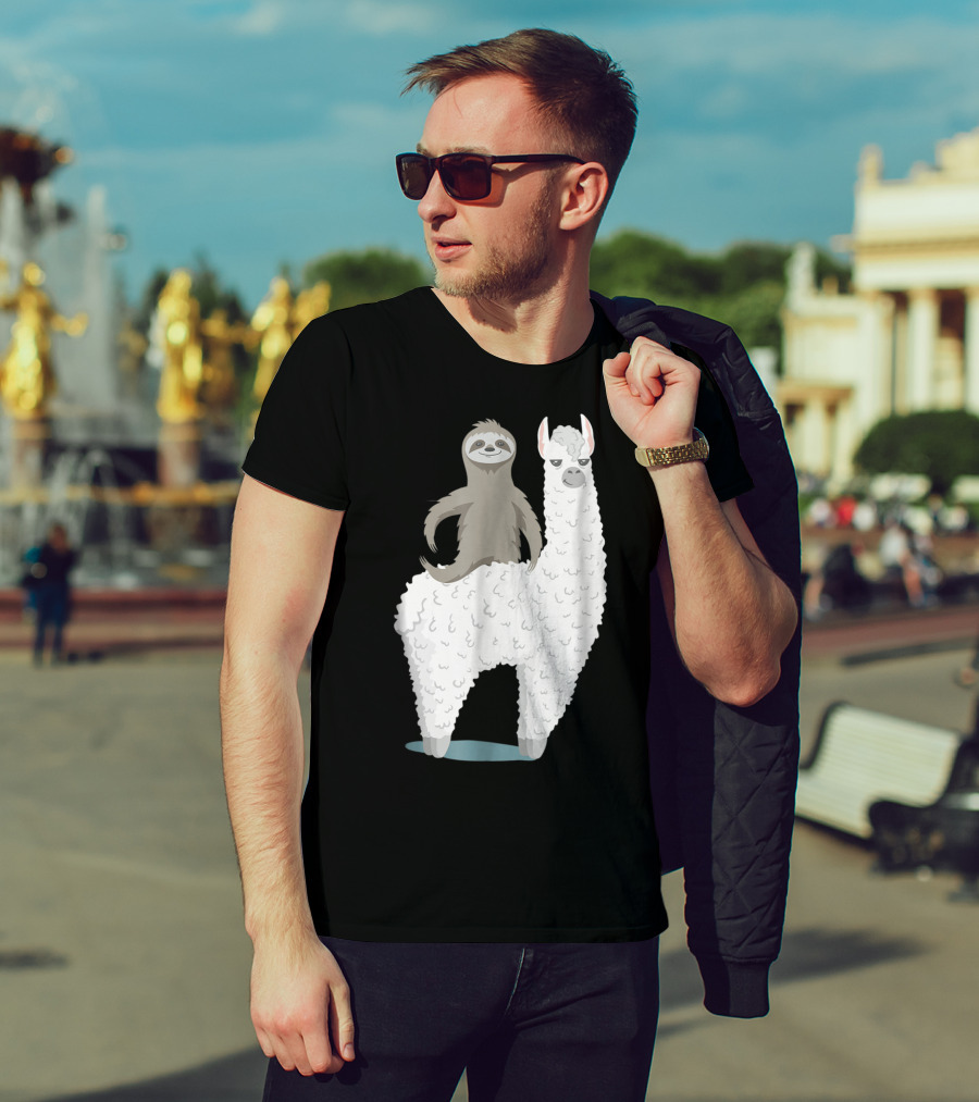 Sloth Joyfully Riding A White Llama T-Shirt
