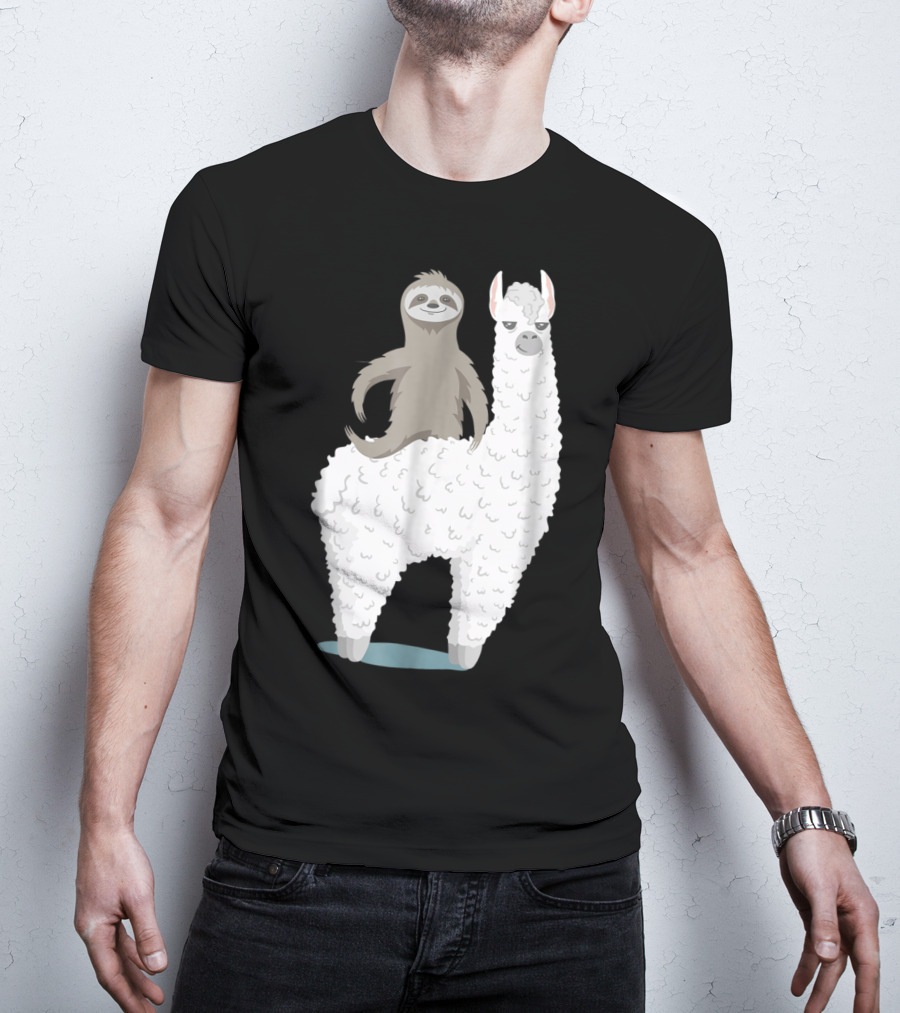 Sloth Joyfully Riding A White Llama T-Shirt