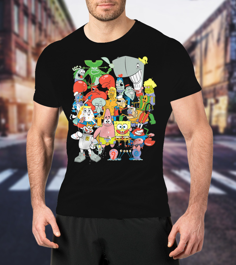 SpongeBob SquarePants Character Collage Featuring Patrick, Squidward, Sandy, Mr. Krabs, Plankton, And More T-Shirt