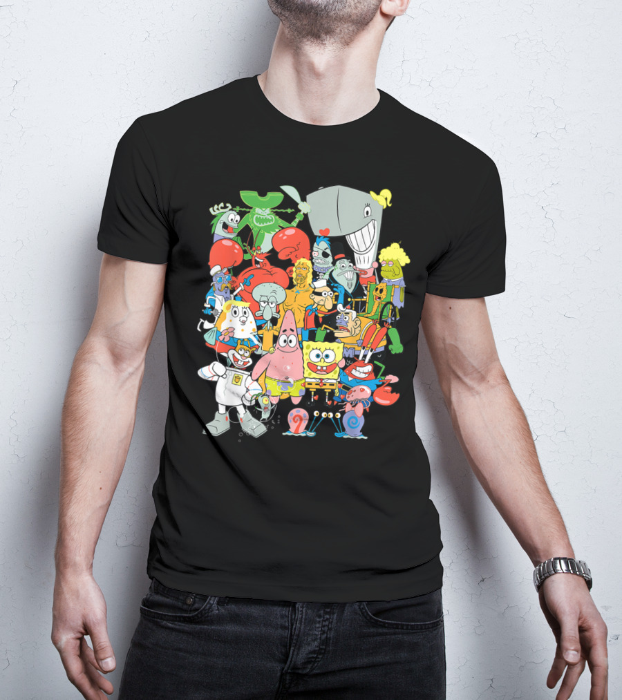 SpongeBob SquarePants Character Collage Featuring Patrick, Squidward, Sandy, Mr. Krabs, Plankton, And More T-Shirt