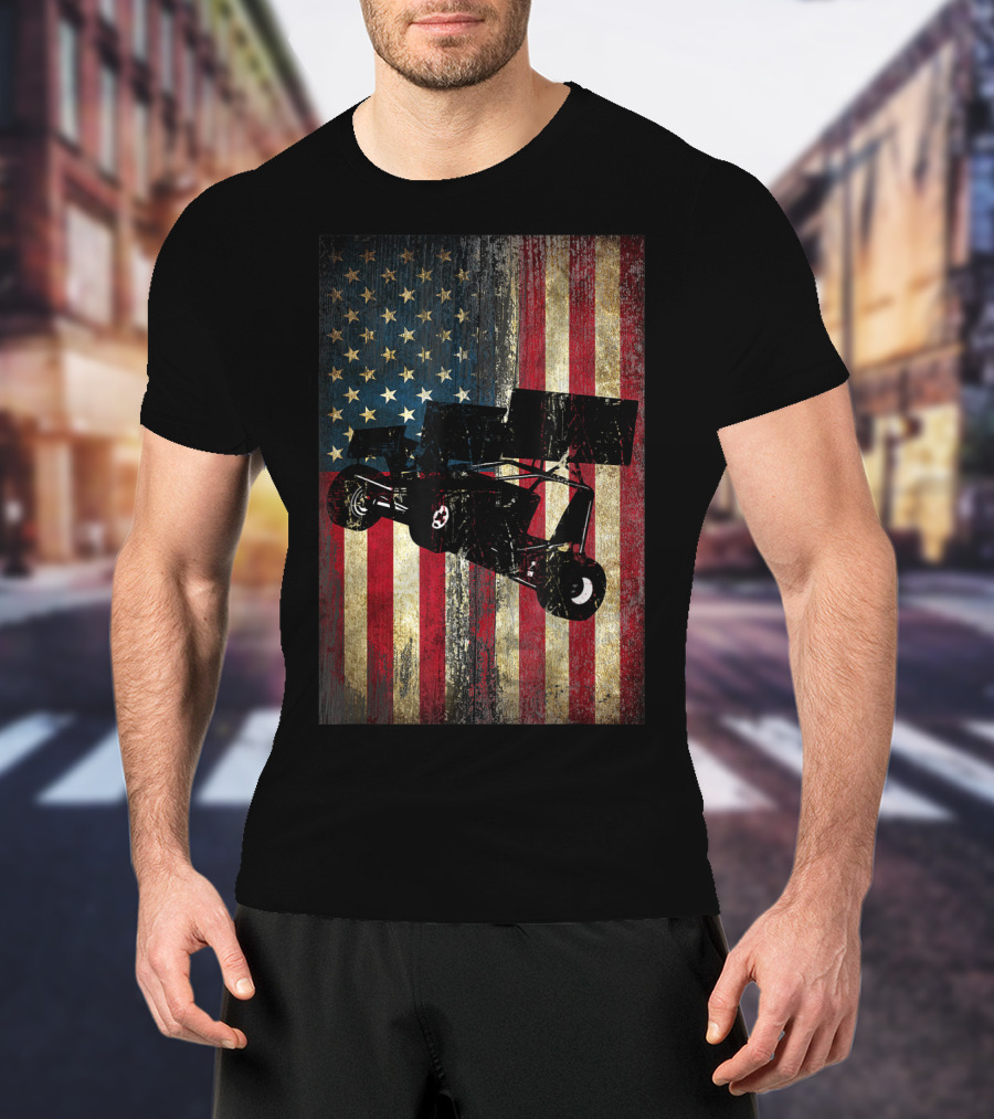 Distressed American Flag With Sprint Car Racing T-Shirt