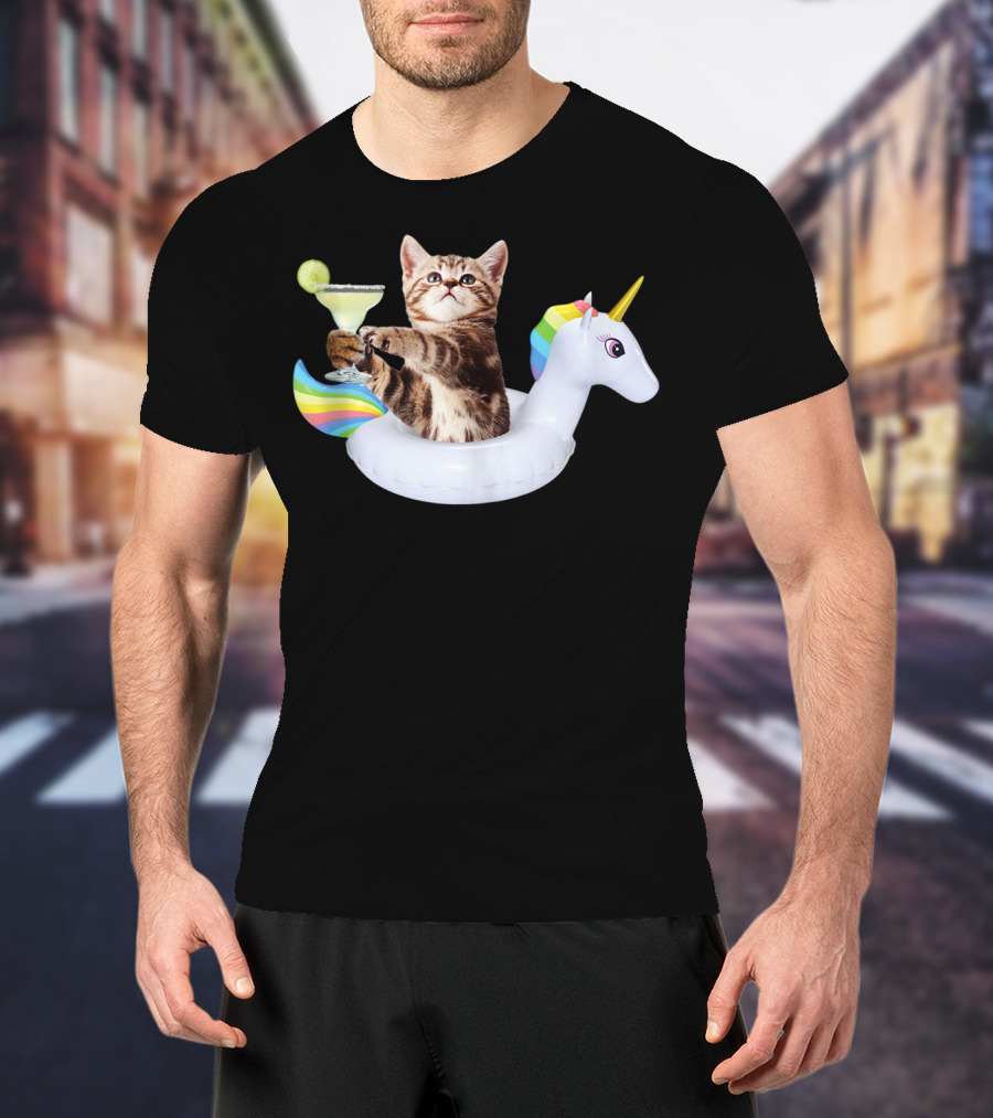 Kitty With Margarita On Rainbow Unicorn Float T-Shirt