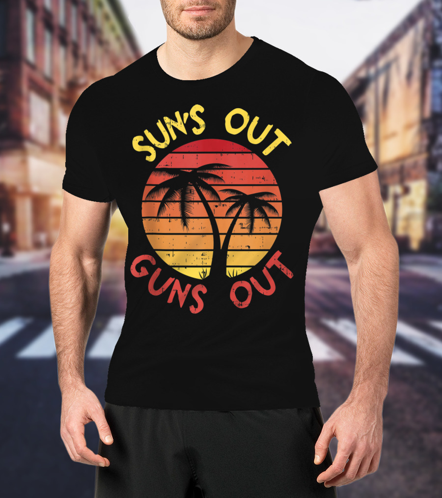 SUN'S OUT GUNS OUT Palm Beach 80s Summer Vacation Retro Tropical Sunset T-Shirt