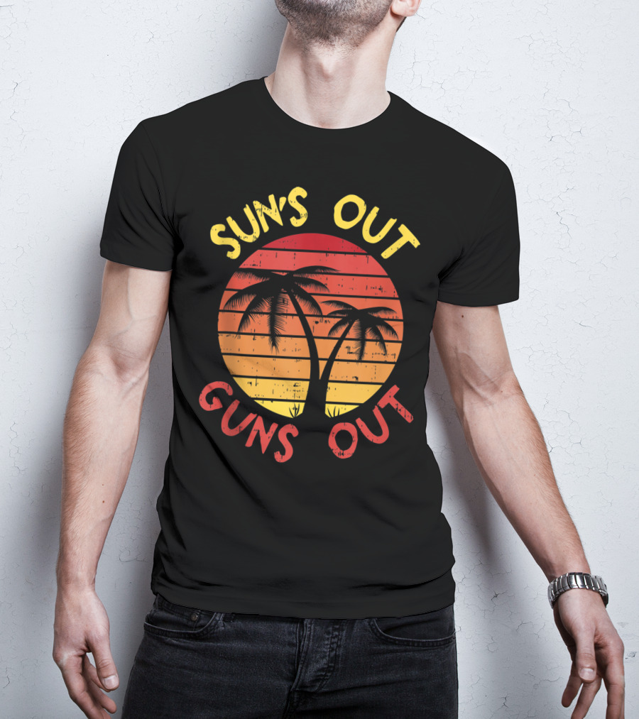 SUN'S OUT GUNS OUT Palm Beach 80s Summer Vacation Retro Tropical Sunset T-Shirt