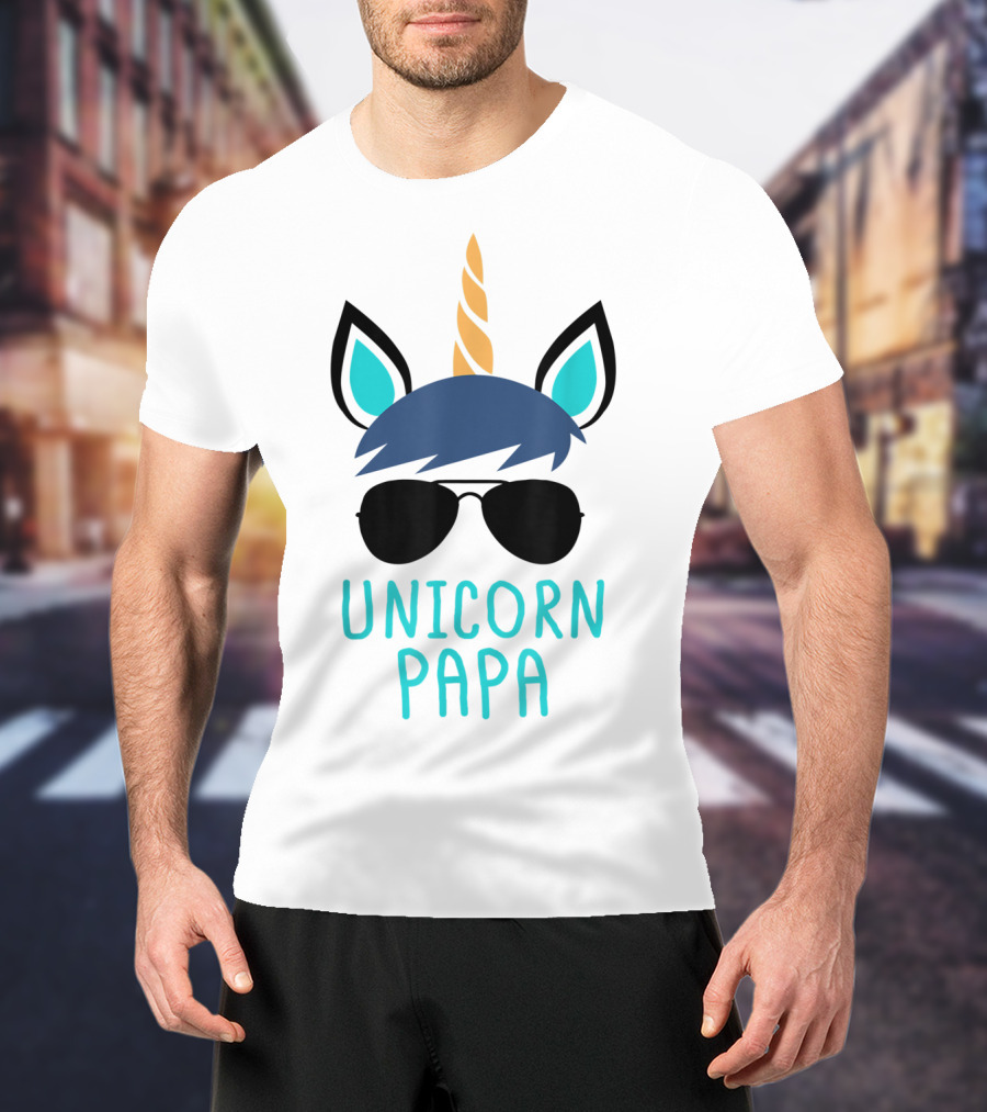 Unicorn Papa Sunglasses Blue Mane Horn Ears T-Shirt