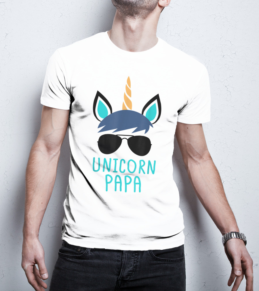 Unicorn Papa Sunglasses Blue Mane Horn Ears T-Shirt