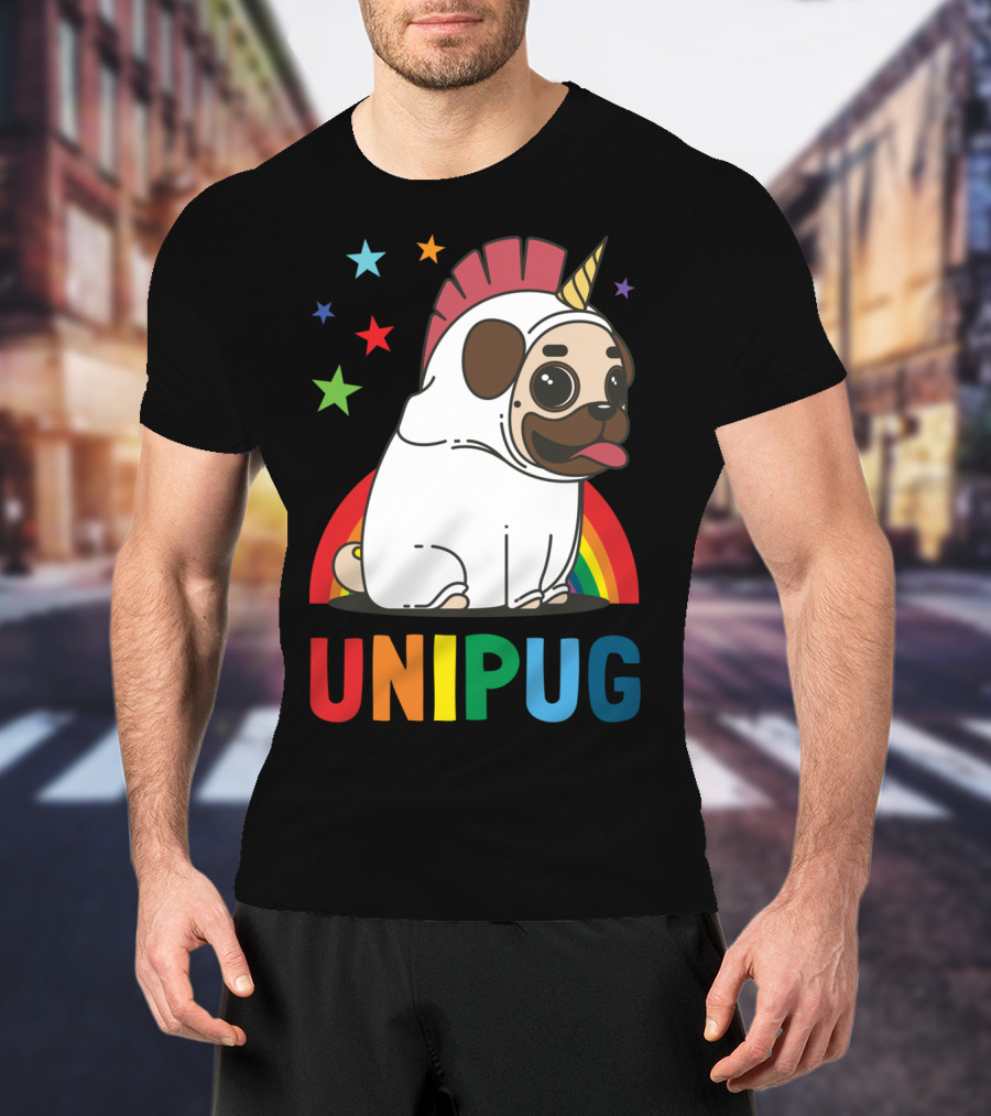 UNIPUG Rainbow Unicorn Pug Dog With Stars T-Shirt
