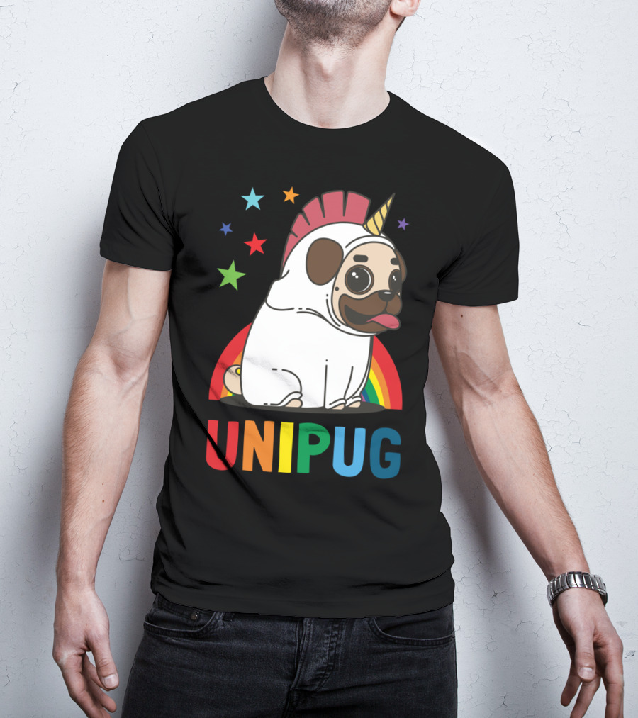 UNIPUG Rainbow Unicorn Pug Dog With Stars T-Shirt