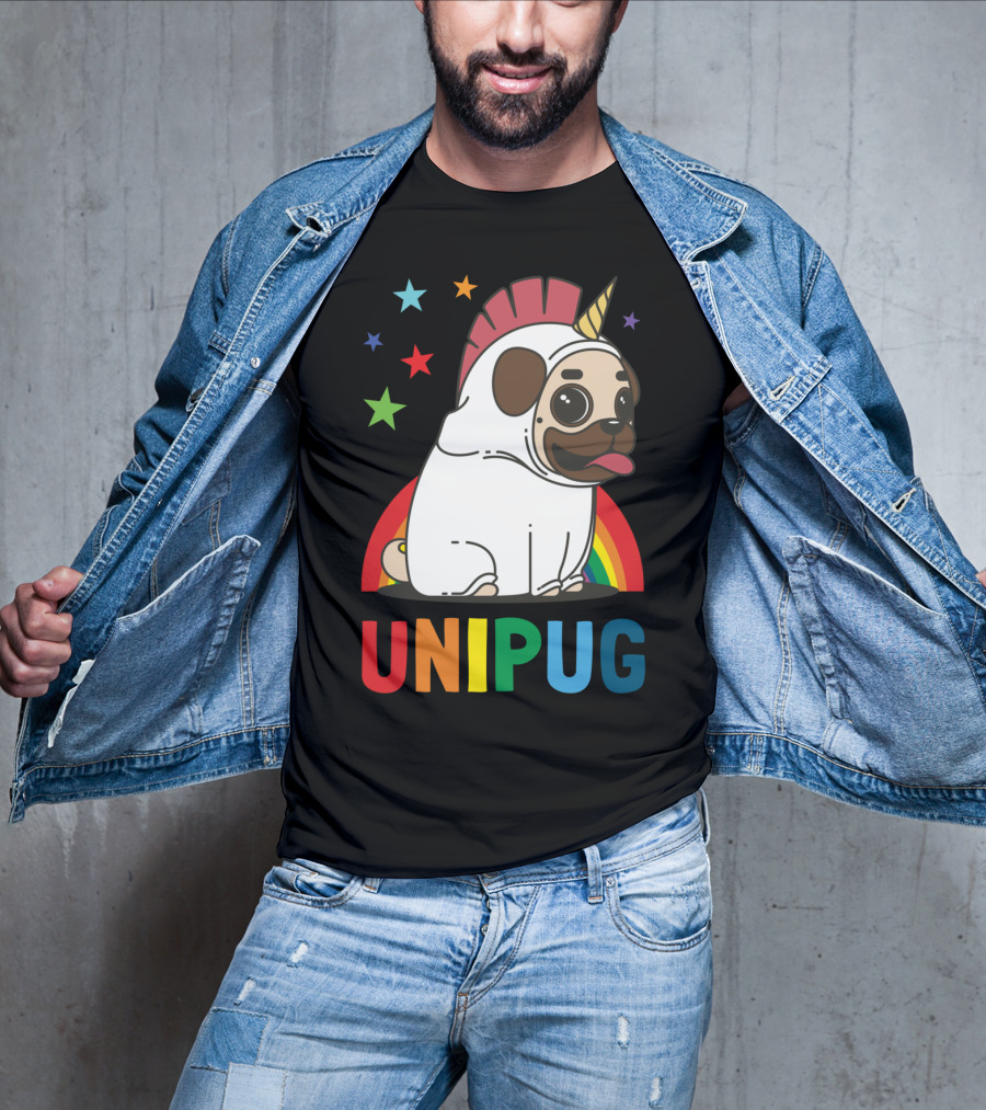 UNIPUG Rainbow Unicorn Pug Dog With Stars T-Shirt