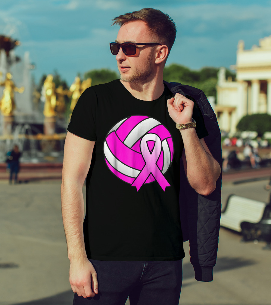Volleyball Pink Ribbon Breast Cancer Awareness Symbol On Ball T-Shirt