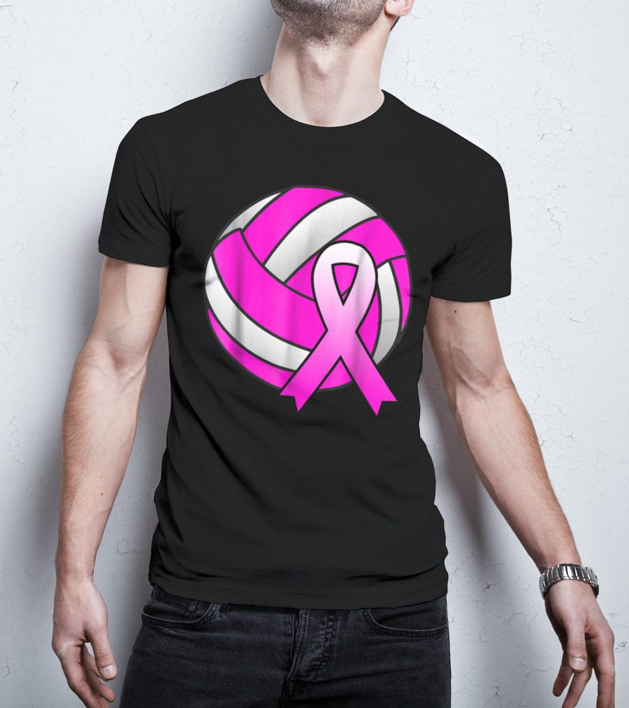 Volleyball Pink Ribbon Breast Cancer Awareness Symbol On Ball T-Shirt