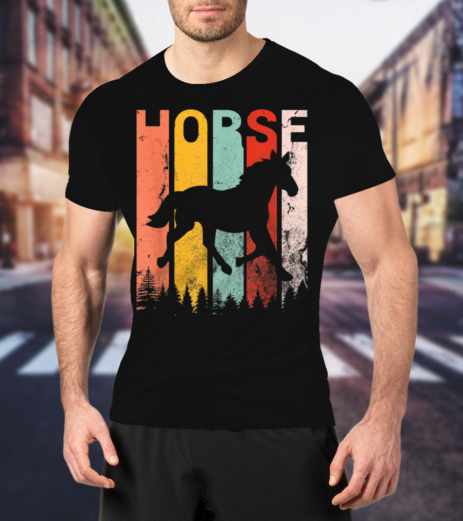 Vintage Style Horse Lover Silhouette With Colorful Stripes And Forest T-Shirt