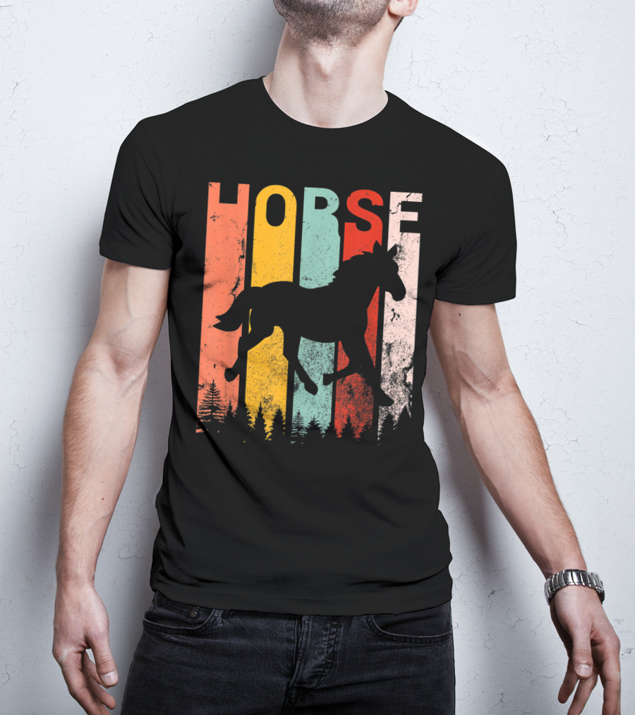 Vintage Style Horse Lover Silhouette With Colorful Stripes And Forest T-Shirt