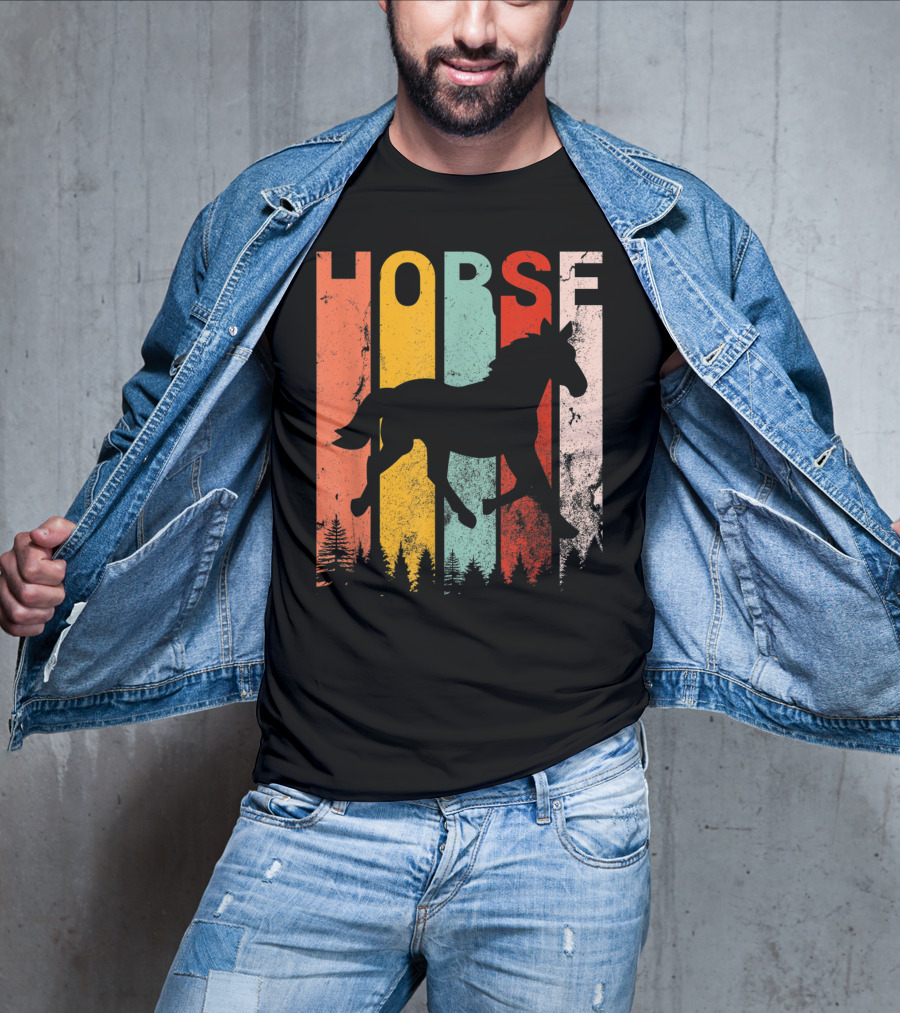 Vintage Style Horse Lover Silhouette With Colorful Stripes And Forest T-Shirt