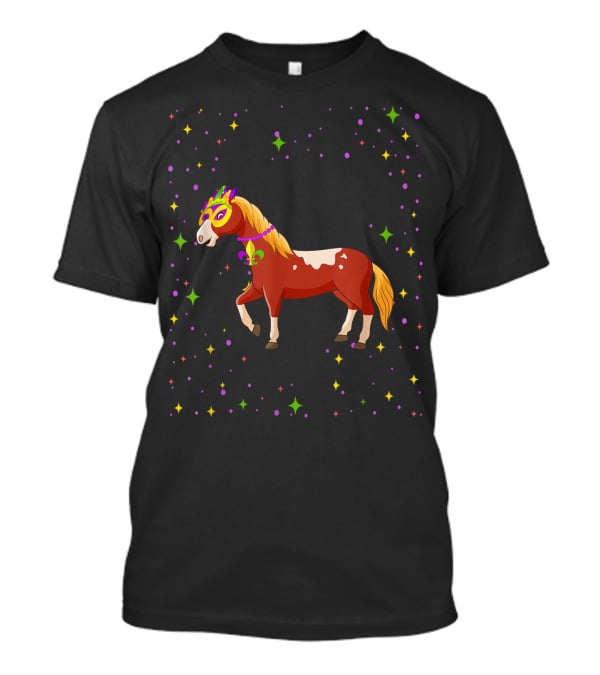 Mardi Gras Horse Wearing Mask And Beads With Colorful Stars T-Shirt