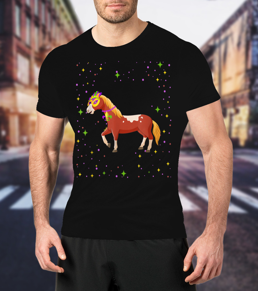 Mardi Gras Horse Wearing Mask And Beads With Colorful Stars T-Shirt