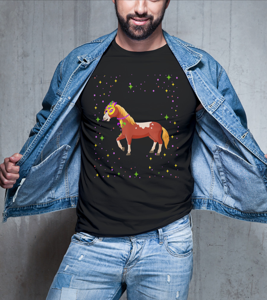 Mardi Gras Horse Wearing Mask And Beads With Colorful Stars T-Shirt